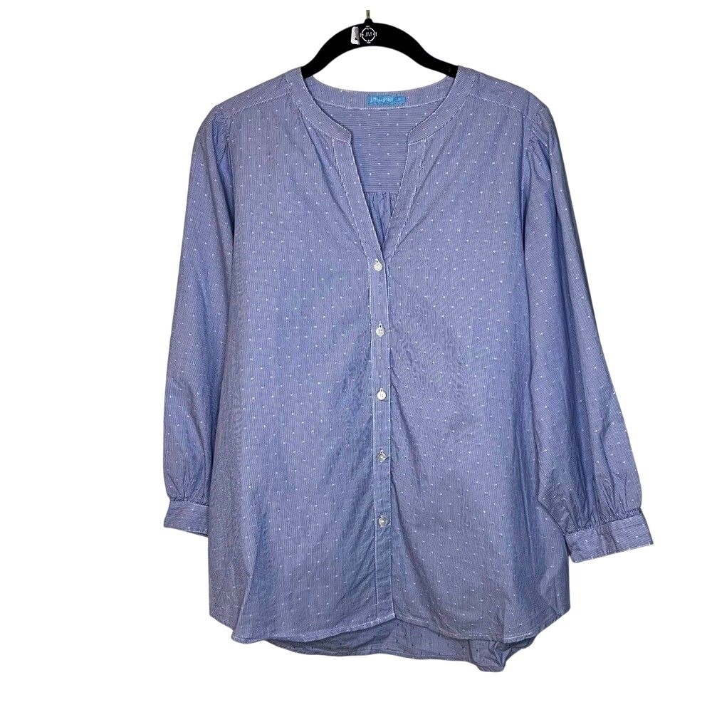J.McLaughlin Womens Blue White Pinstripe Dotted Cotton Blouse Split Neck Size M
